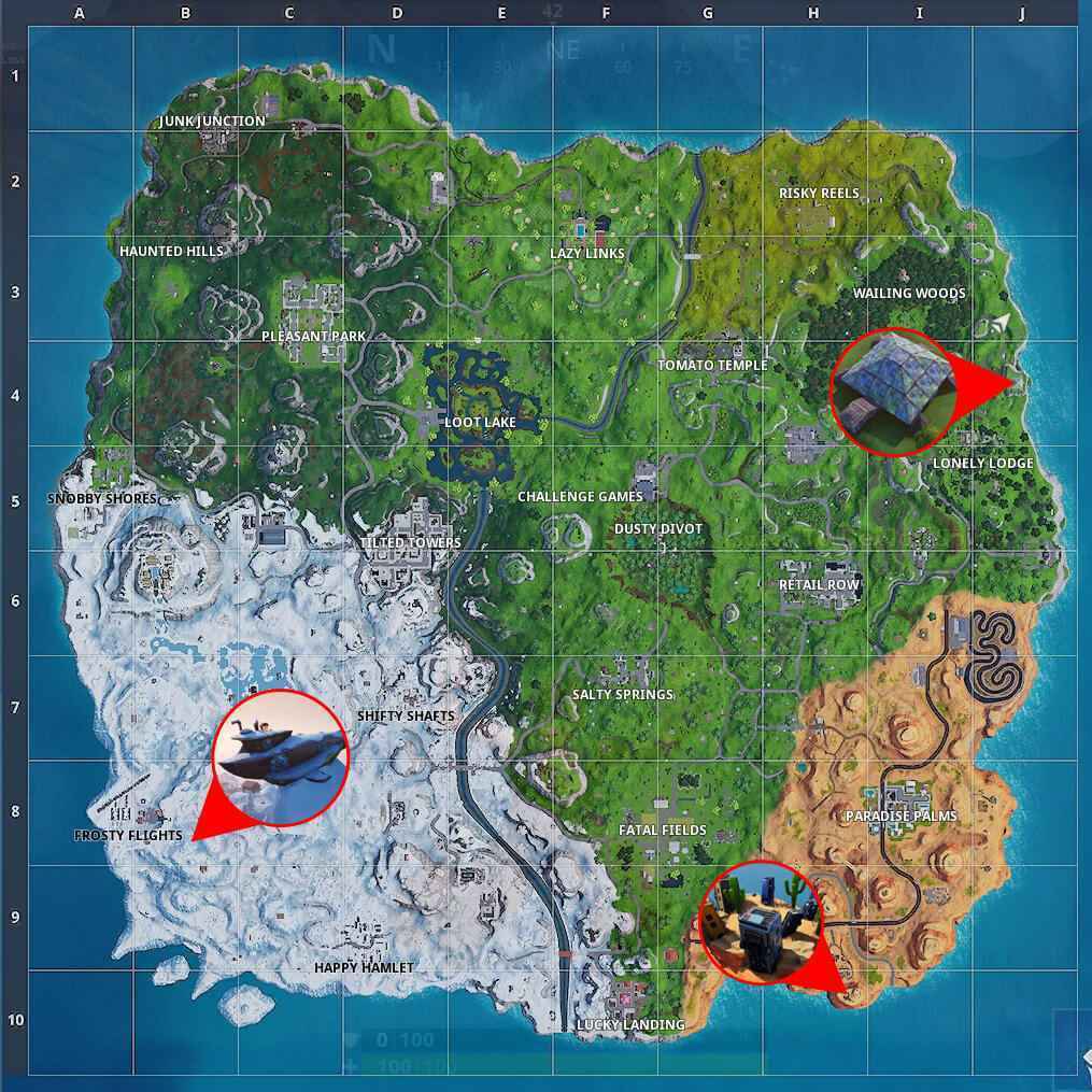 Sous-marin Fortnite, Tortue de métal, et emplacements de Crown of RV