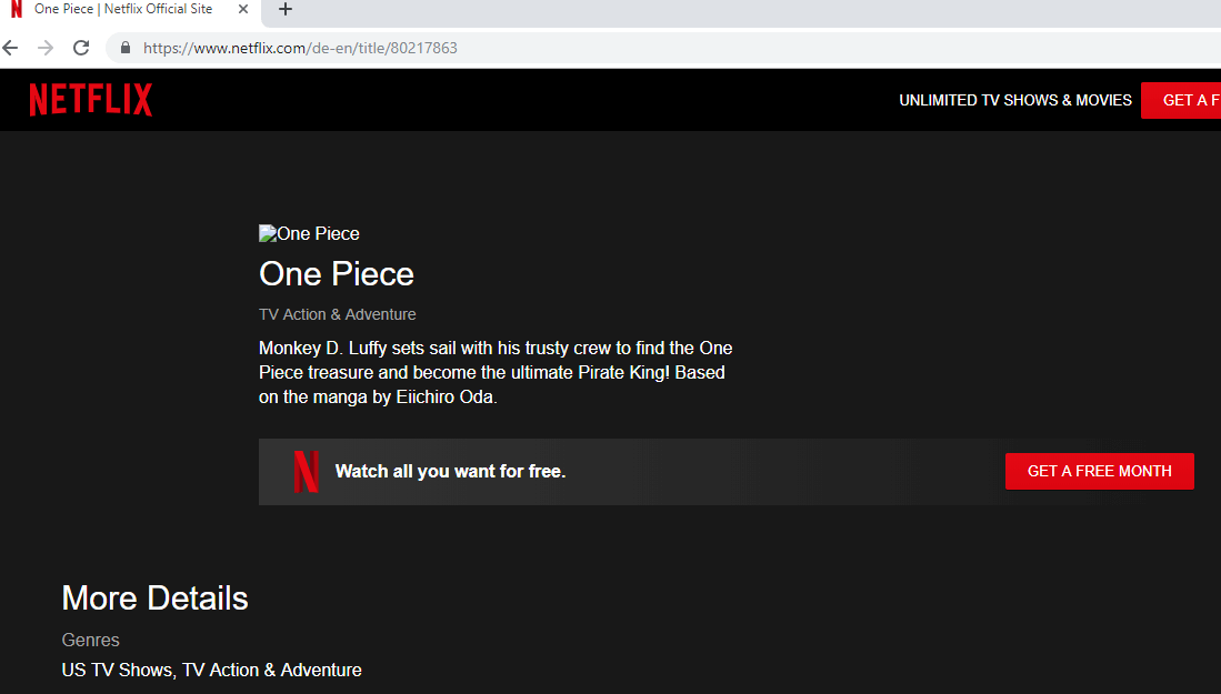 One Piece Netflix Listing