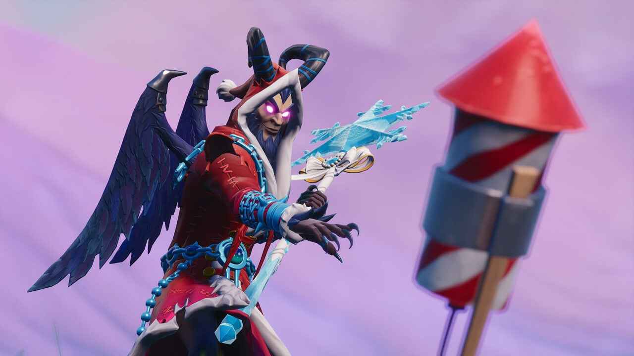 Fortnite feuert ein Feuerwerk am Flussufer ab