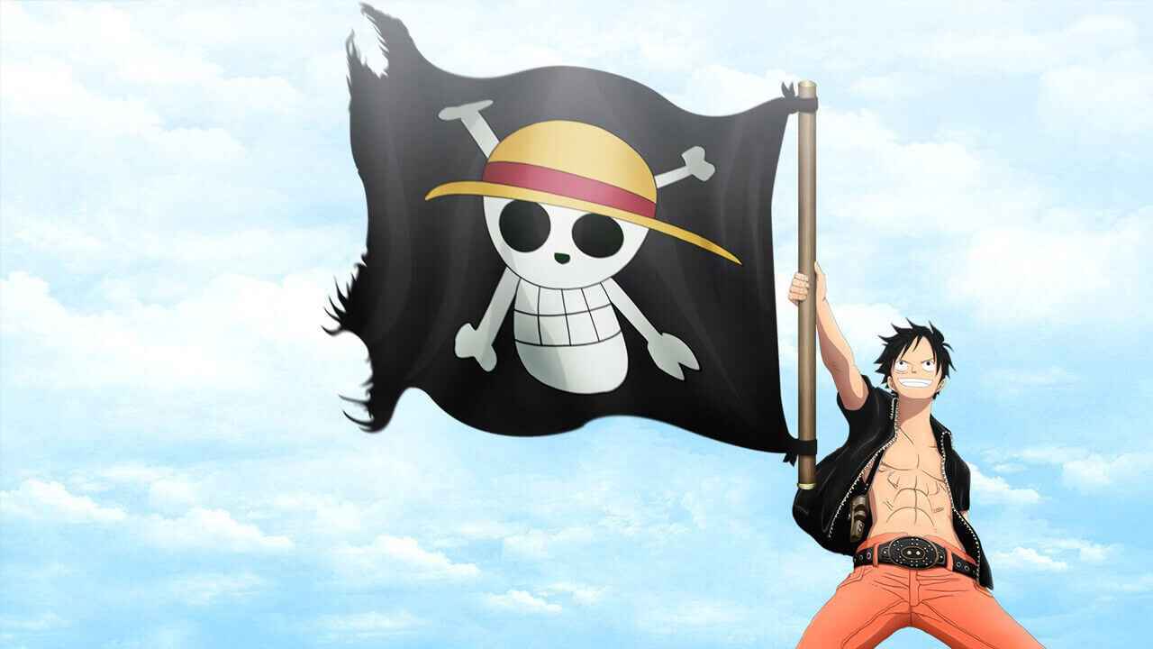 Rufy in One Piece con la bandiera in mano