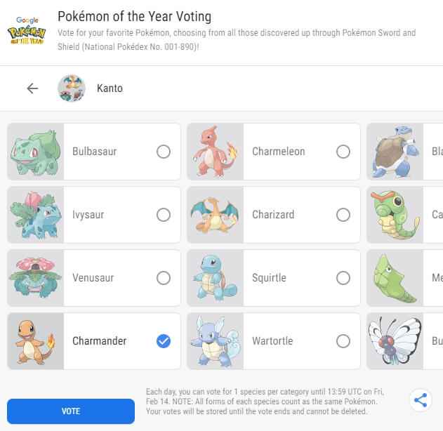 Vote for the Most Popular Pokemon of the Year in Google